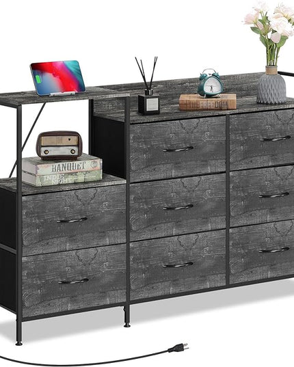 MOOACE TV Stand with Charging Station, 52'' Long TV Stand with 8 Storage Drawers and Open Shelves, Chests, Dresser for Bedroom, Living Room, Dark Gray - LeafyLoom