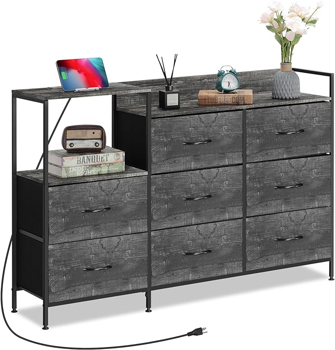 MOOACE TV Stand with Charging Station, 52'' Long TV Stand with 8 Storage Drawers and Open Shelves, Chests, Dresser for Bedroom, Living Room, Dark Gray - LeafyLoom