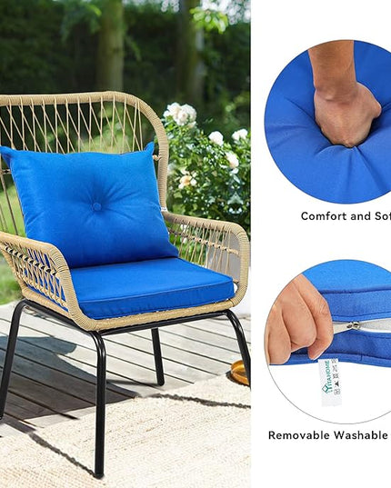 YITAHOME 3-Piece Outdoor Patio Furniture Wicker Bistro Set, All-Weather Rattan Conversation Chairs for Backyard, Balcony and Deck with Soft Cushions, Glass Side Table (Light Brown+Navy Blue) - LeafyLoom
