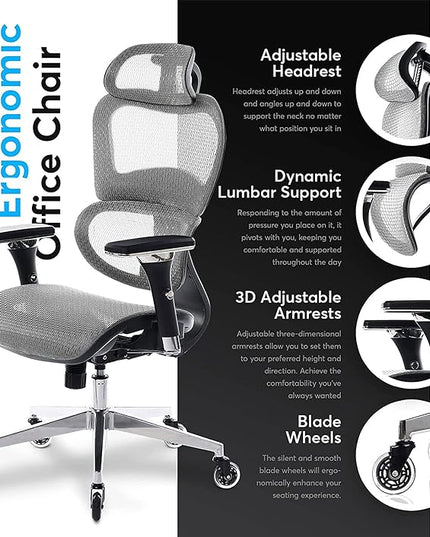Oline ErgoPro Ergonomic Office Chair - Rolling Desk Chair with 4D Adjustable Armrest, 3D Lumbar Support and Blade Wheels - Mesh Computer Chair, Gaming Chairs, Executive Swivel Chair (Light Gray) - LeafyLoom