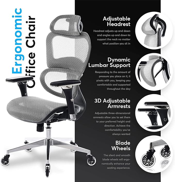 Oline ErgoPro Ergonomic Office Chair - Rolling Desk Chair with 4D Adjustable Armrest, 3D Lumbar Support and Blade Wheels - Mesh Computer Chair, Gaming Chairs, Executive Swivel Chair (Light Gray) - LeafyLoom