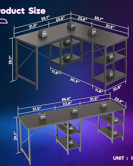 Bestier L Shaped Desk with Shelves 86 Inch Reversible Corner Computer Desk or 2 Person Long Table for Home Office Large Gaming Writing Storage Workstation P2 Board with 3 Cable Holes, Carbon Fiber - LeafyLoom