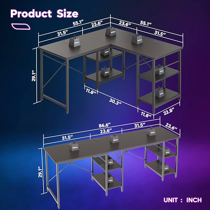 Bestier L Shaped Desk with Shelves 86 Inch Reversible Corner Computer Desk or 2 Person Long Table for Home Office Large Gaming Writing Storage Workstation P2 Board with 3 Cable Holes, Carbon Fiber - LeafyLoom