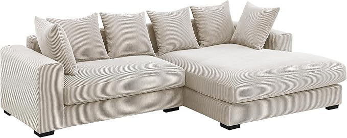 110" Modern L-shaped Sectional Sofa with Big Chaise,Upholstered Sleeper Couch W/ 6 Throw Pillows & Generously Armrests,Easy Assembly,Spacious Loveseat for Living Room Apartment Home,Beige - LeafyLoom