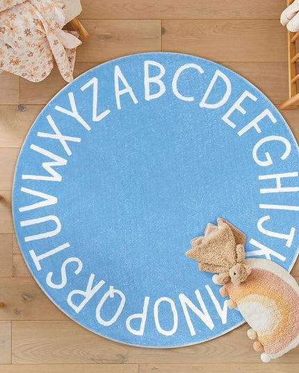 Topotdor Round Kids Play Rug Alphabet Nursery Area Rug Extra Large Soft Crawling Play Mat for Children Toddlers Bedroom (47 inch, Sky Blue) - LeafyLoom
