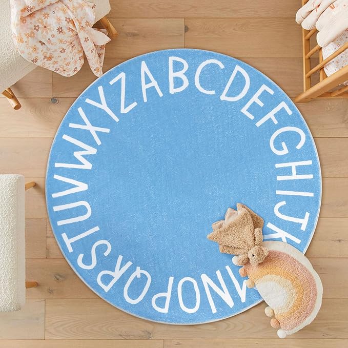 Topotdor Round Kids Play Rug Alphabet Nursery Area Rug Extra Large Soft Crawling Play Mat for Children Toddlers Bedroom (47 inch, Sky Blue) - LeafyLoom