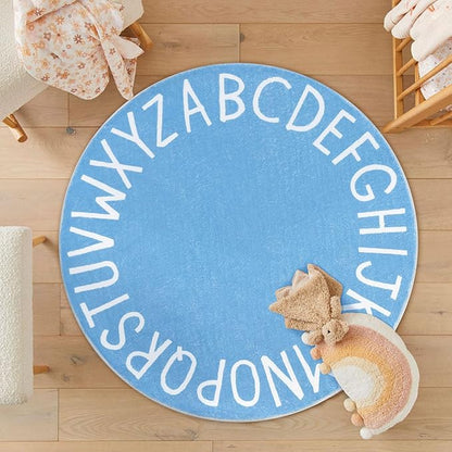 Topotdor Round Kids Play Rug Alphabet Nursery Area Rug Extra Large Soft Crawling Play Mat for Children Toddlers Bedroom (47 inch, Sky Blue) - LeafyLoom
