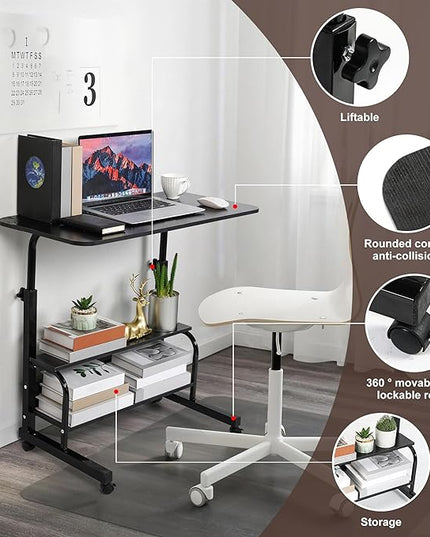 Adjustable Mobile Laptop Desk Portable Detachable Wheels Home Office Desk Height, Bedside Table Additional Storage Rack Small Spaces Veranda Office Desk Size 15.7 * 31.5 Inch Black - LeafyLoom
