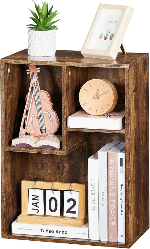 VECELO Small Bookshelf, 3 Cube Shelf, Fits Tallest Hardcovers, Horizontal Available, Short Bookcase for Small Spaces, Vintage Brown - LeafyLoom