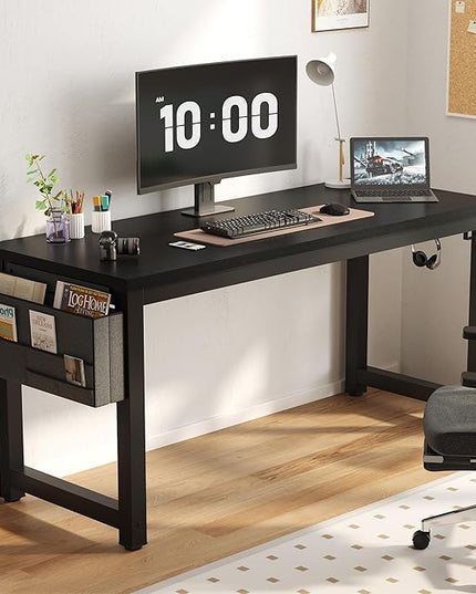 63 Inch Large Computer Desk Writing Study Work Office Table Home Office Desk Moderm Gaming Desk Simple Workstation with Storage Bag and Iron Hook - Black - LeafyLoom