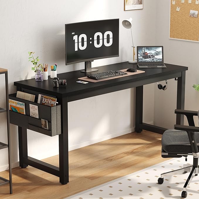 63 Inch Large Computer Desk Writing Study Work Office Table Home Office Desk Moderm Gaming Desk Simple Workstation with Storage Bag and Iron Hook - Black - LeafyLoom