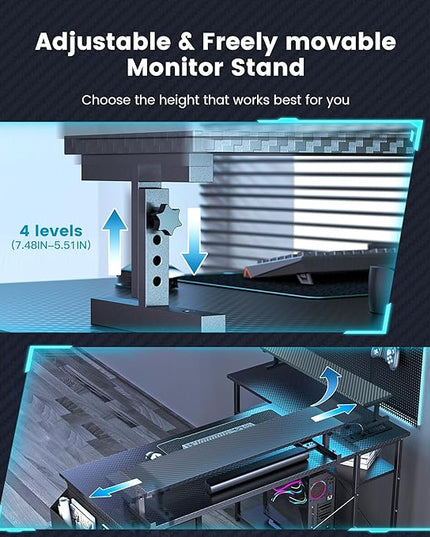 L Shaped Gaming Desk, 55 Inch Computer Desk with Adjustable Stand & RGB Lights, Corner Desk for Power Outlet, Carbon Fiber Texture, Gaming Room - LeafyLoom