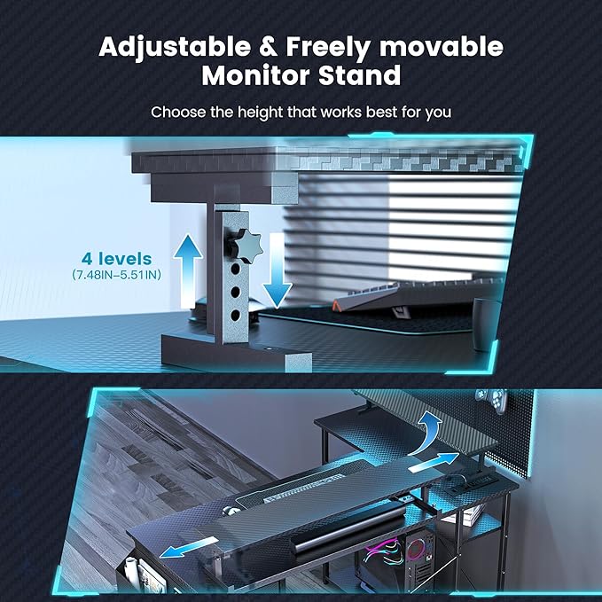 L Shaped Gaming Desk, 55 Inch Computer Desk with Adjustable Stand & RGB Lights, Corner Desk for Power Outlet, Carbon Fiber Texture, Gaming Room - LeafyLoom