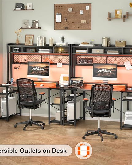 armocity 2024 Upgrade Gaming Desk with Hutch, 48'' Magic Computer Desk with LED and Outlets, Reversible Workstation Desk with Pegboard, Grey/Black - LeafyLoom
