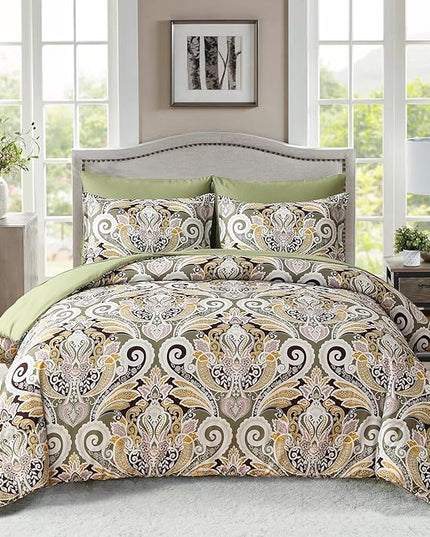 Yiran Sage Green Paisley Comforter Set King 7 Pieces Bed in a Bag Boho Comforter Lightweight Microfiber Bedding Set (1 Comforter, 1 Flat Sheet, 1 Fitted Sheet, 2 Pillowcases, 2 Pillow Shams) - LeafyLoom