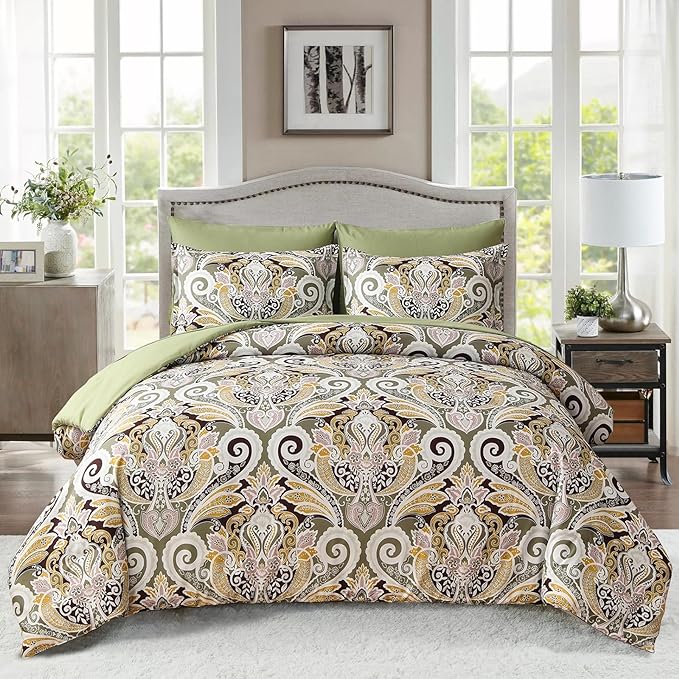 Yiran Sage Green Paisley Comforter Set King 7 Pieces Bed in a Bag Boho Comforter Lightweight Microfiber Bedding Set (1 Comforter, 1 Flat Sheet, 1 Fitted Sheet, 2 Pillowcases, 2 Pillow Shams) - LeafyLoom
