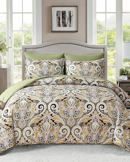 Yiran Sage Green Paisley Comforter Set Queen 7 Pieces Bed in a Bag Boho Comforter Lightweight Microfiber Bedding Set (1 Comforter, 1 Flat Sheet, 1 Fitted Sheet, 2 Pillowcases, 2 Pillow Shams) - LeafyLoom