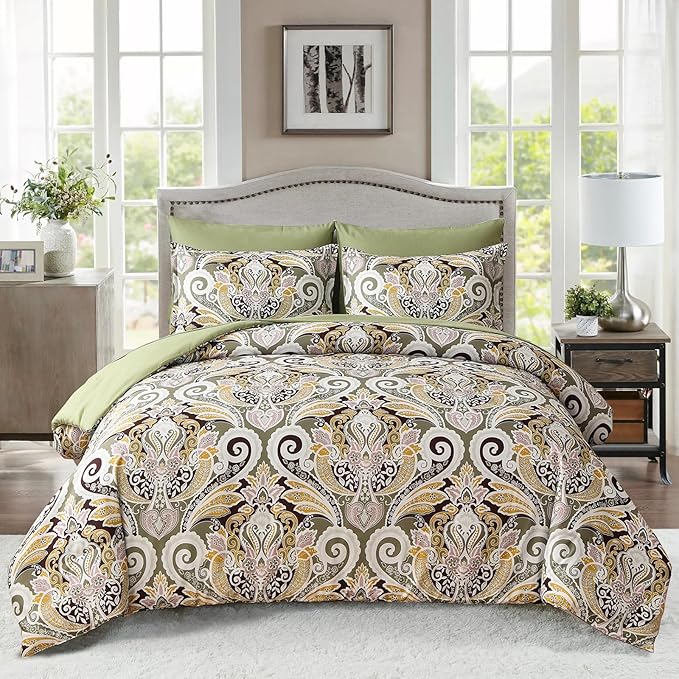 Yiran Sage Green Paisley Comforter Set Queen 7 Pieces Bed in a Bag Boho Comforter Lightweight Microfiber Bedding Set (1 Comforter, 1 Flat Sheet, 1 Fitted Sheet, 2 Pillowcases, 2 Pillow Shams) - LeafyLoom