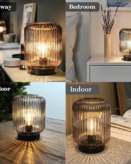 Battery Operated Lamp, Cordless Table Lamps for Home Decor, Battery Powered Nightlight with LED Bulb, Decorative Glass Beside Lamp for Bedroom Living Room-Grey - LeafyLoom