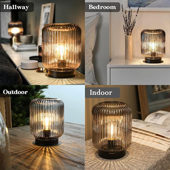 Battery Operated Lamp, Cordless Table Lamps for Home Decor, Battery Powered Nightlight with LED Bulb, Decorative Glass Beside Lamp for Bedroom Living Room-Grey - LeafyLoom