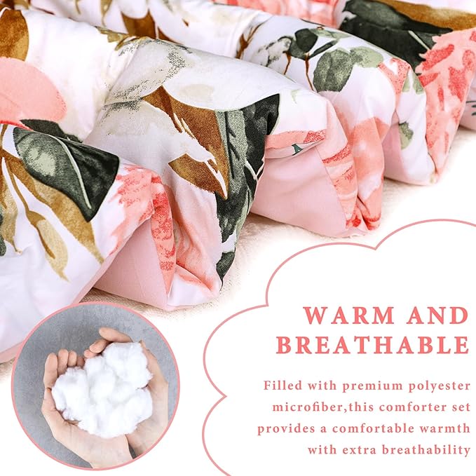 DILIMI King Size Comforter Set, 3 Pieces King Comforter Set, Reversible Pink Floral Comforter King Size, Ultra Soft and Fluffy Bedding Comforter Sets with Comforter, 2 Pillowcase - LeafyLoom