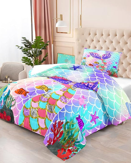 Mermaid Tail Comforter Set Twin for Kids Girls Bedroom, Rainbow Mermaid Fish Scale Comforter Set Twin Bed in a Bag, Glitter Mermaid Printed Pattern Bedding Decor 1 Comforter 1 Pillowcase - LeafyLoom