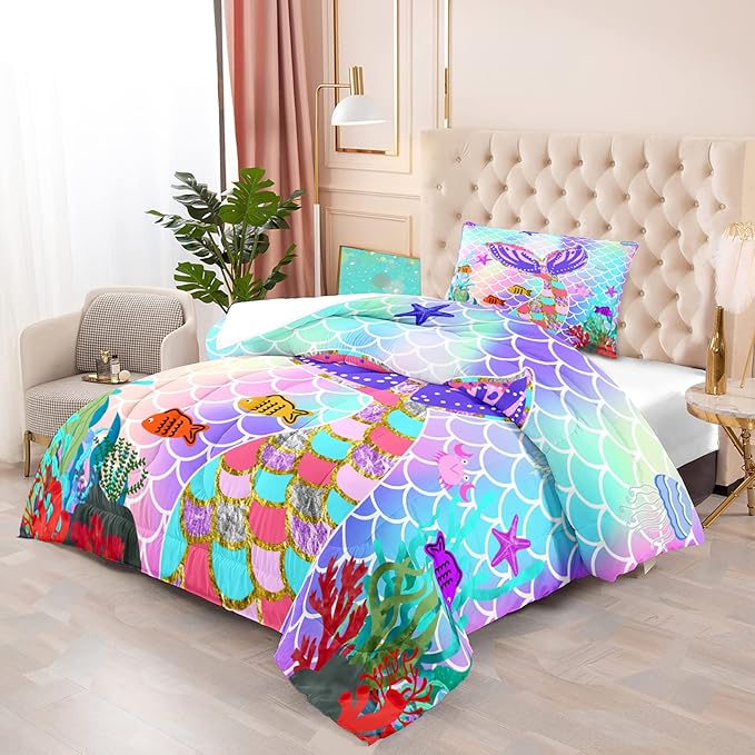 Mermaid Tail Comforter Set Twin for Kids Girls Bedroom, Rainbow Mermaid Fish Scale Comforter Set Twin Bed in a Bag, Glitter Mermaid Printed Pattern Bedding Decor 1 Comforter 1 Pillowcase - LeafyLoom