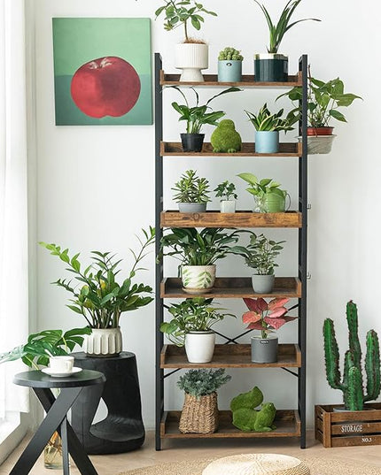 HCHQHS Adjustable 6 Tier Open Bookcase, Rustic Farmhouse Book Shelves, Industrial Wood and Black Metal Bookshelves, Mid Century Bookcase for Home Office Living Room Bedroom - LeafyLoom