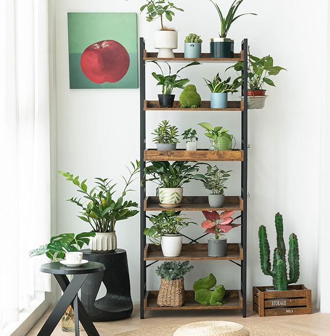 HCHQHS Adjustable 6 Tier Open Bookcase, Rustic Farmhouse Book Shelves, Industrial Wood and Black Metal Bookshelves, Mid Century Bookcase for Home Office Living Room Bedroom - LeafyLoom