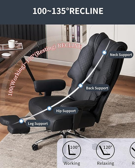 Big and Tall Office Chair 400lbs Wide Seat, Leather High Back Executive Office Chair with Foot Rest, Ergonomic Office Chair Lumbar Support for Lower Back Pain Relief (Black) - LeafyLoom