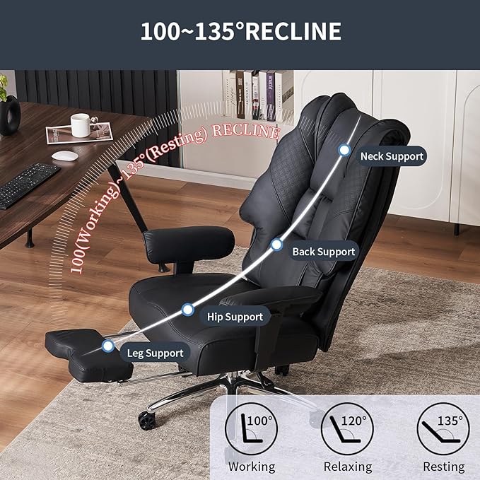 Big and Tall Office Chair 400lbs Wide Seat, Leather High Back Executive Office Chair with Foot Rest, Ergonomic Office Chair Lumbar Support for Lower Back Pain Relief (Black) - LeafyLoom