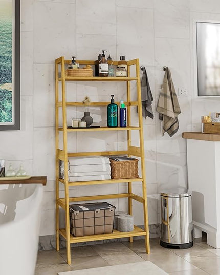 Ladder Shelf, 4-Tier Bookshelf, Bamboo Leaning Bookcase, Display Storage Rack Organizer, Freestanding Flower Plant Stand for Living Room, Home Office, Kitchen, Natural - LeafyLoom