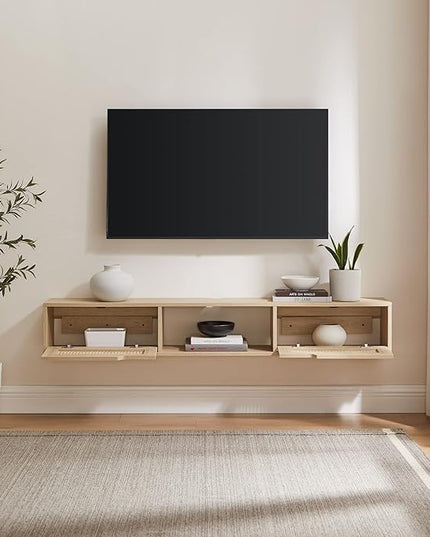 Walker Edison Modern Rattan Flip-Down-Door Wall-Mounted Floating Stand for TVs up to 65 Inche, 58 Inch, Coastal Oak - LeafyLoom