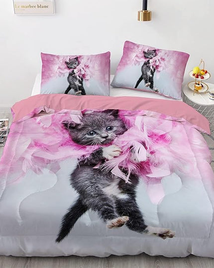 Cat Comforter Set Queen Size for Kids Pink Feathers Black Cat 3Pcs Bedding Set for boys and Girls (1Summer Comforter+ 2 Pillowcases) Lovely Animal Pets Duvet Set - LeafyLoom