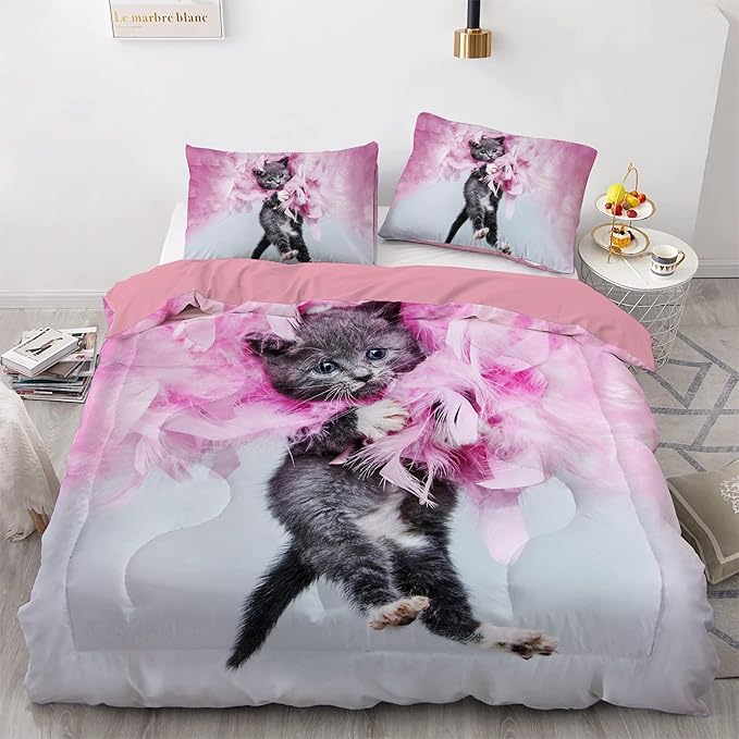 Cat Comforter Set Queen Size for Kids Pink Feathers Black Cat 3Pcs Bedding Set for boys and Girls (1Summer Comforter+ 2 Pillowcases) Lovely Animal Pets Duvet Set - LeafyLoom