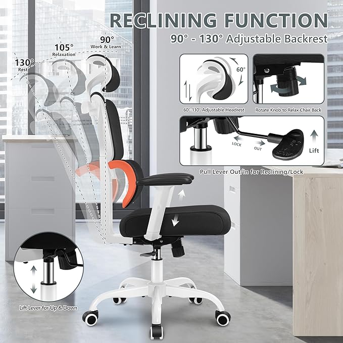 Office Chair Ergonomic Desk Chair, High Back Gaming Chair, Big and Tall Reclining chair Comfy Home Office Desk Chair Lumbar Support Breathable Mesh Computer Chair Adjustable Armrests(W-Orange) - LeafyLoom