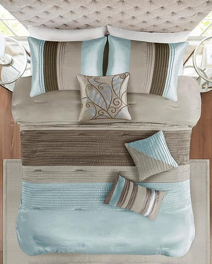 Madison Park Amherst Faux Silk Comforter Set-Casual Contemporary Design All Season Down Alternative Bedding, Matching Shams, Bedskirt, Decorative Pillows, King(104"x92"), Blue, 7 Piece (MP10-043) - LeafyLoom