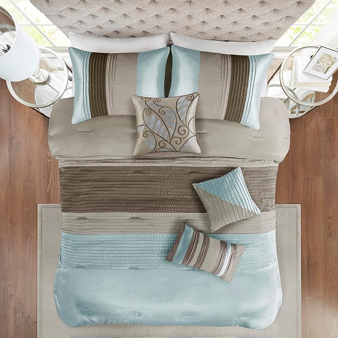 Madison Park Amherst Faux Silk Comforter Set-Casual Contemporary Design All Season Down Alternative Bedding, Matching Shams, Bedskirt, Decorative Pillows, King(104"x92"), Blue, 7 Piece (MP10-043) - LeafyLoom