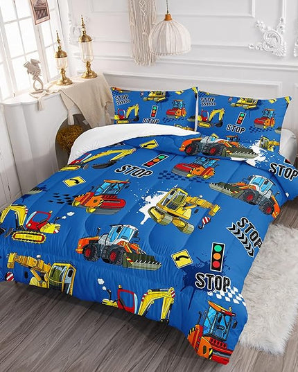 Axolotl Blue Excavator Bedding Queen,3Pcs Boys Construction Comforter Set,Cartoon Machinery Truck Bedding Set for Boys Kids Children Teens Bedroom Decor Cars Quilt Set with 1 Comforter 2 Pillowcase - LeafyLoom