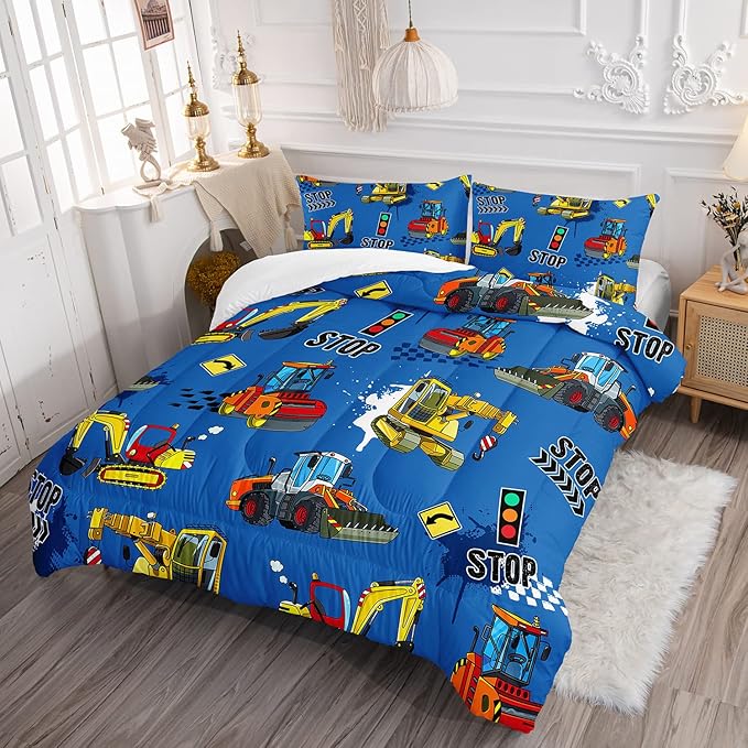 Axolotl Blue Excavator Bedding Queen,3Pcs Boys Construction Comforter Set,Cartoon Machinery Truck Bedding Set for Boys Kids Children Teens Bedroom Decor Cars Quilt Set with 1 Comforter 2 Pillowcase - LeafyLoom