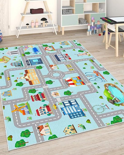 Kids Car Rug, 3x5 City Life Traffic Road Playmat for Toy Cars Trains, Non-Slip Race Track Carpet Educational Fun Area Rugs for Boy and Girl Bedroom Nursery - LeafyLoom