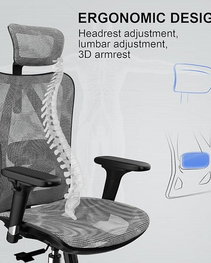 SIHOO M57 Ergonomic Office Chair with 3 Way Armrests Lumbar Support and Adjustable Headrest High Back Tilt Function Grey - LeafyLoom