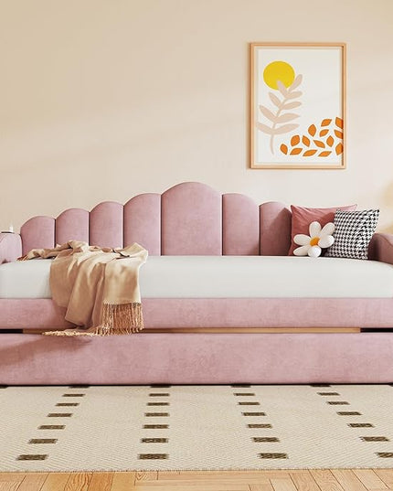 Twin Size Upholstered Daybed with Trundle and Striped Headboard, Velvet Sofa Bed w/USB Charging Ports & Side Pockets, for Bedroom Living Room, No Box-spring Needed, Pink - LeafyLoom