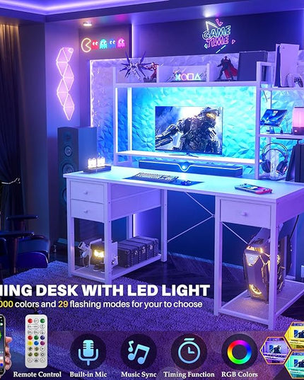 Aheaplus Desk with LED and Outlets, Gaming Desk with Hutch, 47.2'' Computer Desk with Drawers, Reversible Office Desk with Storage Bookshelf Large Workstation Desk with Shelf, Desk for Home, White - LeafyLoom
