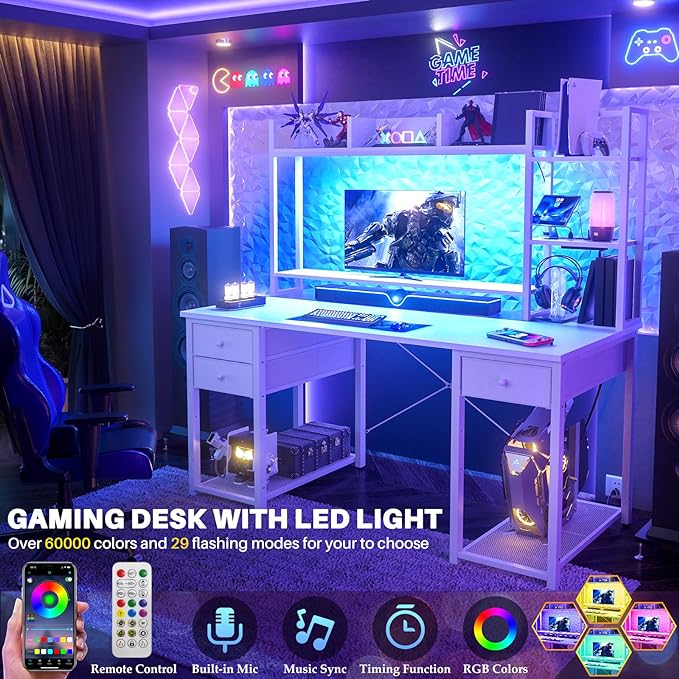 Aheaplus Desk with LED and Outlets, Gaming Desk with Hutch, 47.2'' Computer Desk with Drawers, Reversible Office Desk with Storage Bookshelf Large Workstation Desk with Shelf, Desk for Home, White - LeafyLoom