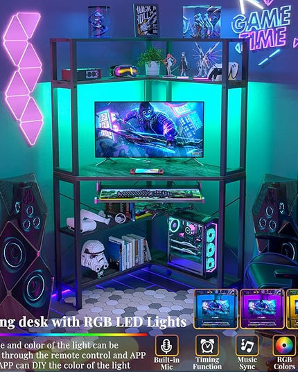 Cyclysio Small Corner Desk with Hutch, Corner Gaming Desk with LED Light & Power Outlets, Computer Desk with Keyboard Tray, Triangel Desk for Small Space, Home Office, Workstation, Grey - LeafyLoom