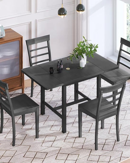 Modern Style Square Drop Leaf Extendable 4 Ladder Back Chairs and 1, Rubber Wood, Easy Assembly&Maintenance, Room Kitchen, 5 Piece Dining Table Set, Gray 13 - LeafyLoom