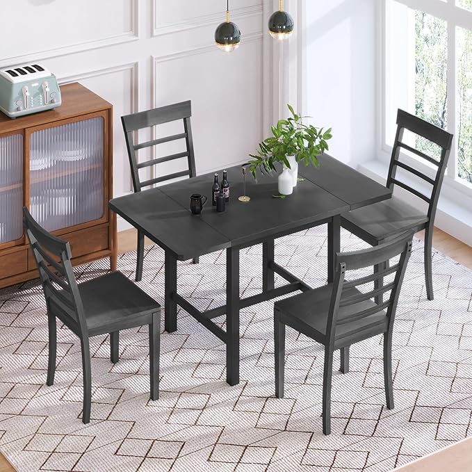 Modern Style Square Drop Leaf Extendable 4 Ladder Back Chairs and 1, Rubber Wood, Easy Assembly&Maintenance, Room Kitchen, 5 Piece Dining Table Set, Gray 13 - LeafyLoom