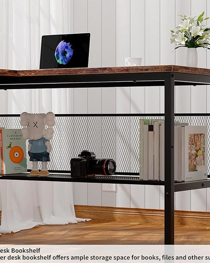 L Shaped Computer Desk, Reversible Office Desk with Magic Power Outlet and Smart LED Light, Sturdy Corner Desk with Monitor Stand, Cool Gaming Table, Attractive Grid Design, Rustic Brown - LeafyLoom