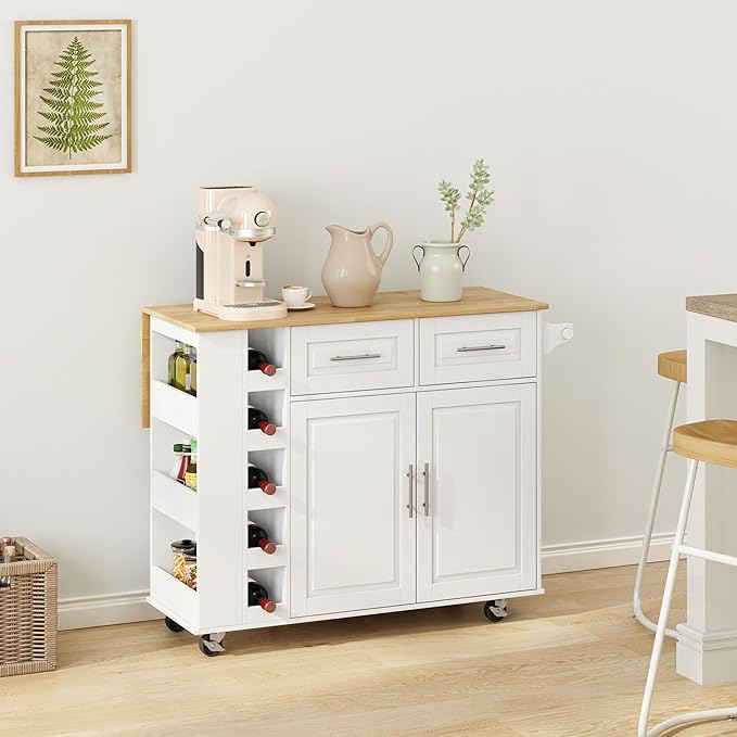 Multi-Functional Kitchen Island Mobile Cart with 2 Door Cabinet,Two Drawers,Spice-Rack,Towel Holder,Wine-Rack,Foldable Rubberwood Table Top,for Dining Room Bar,White - LeafyLoom